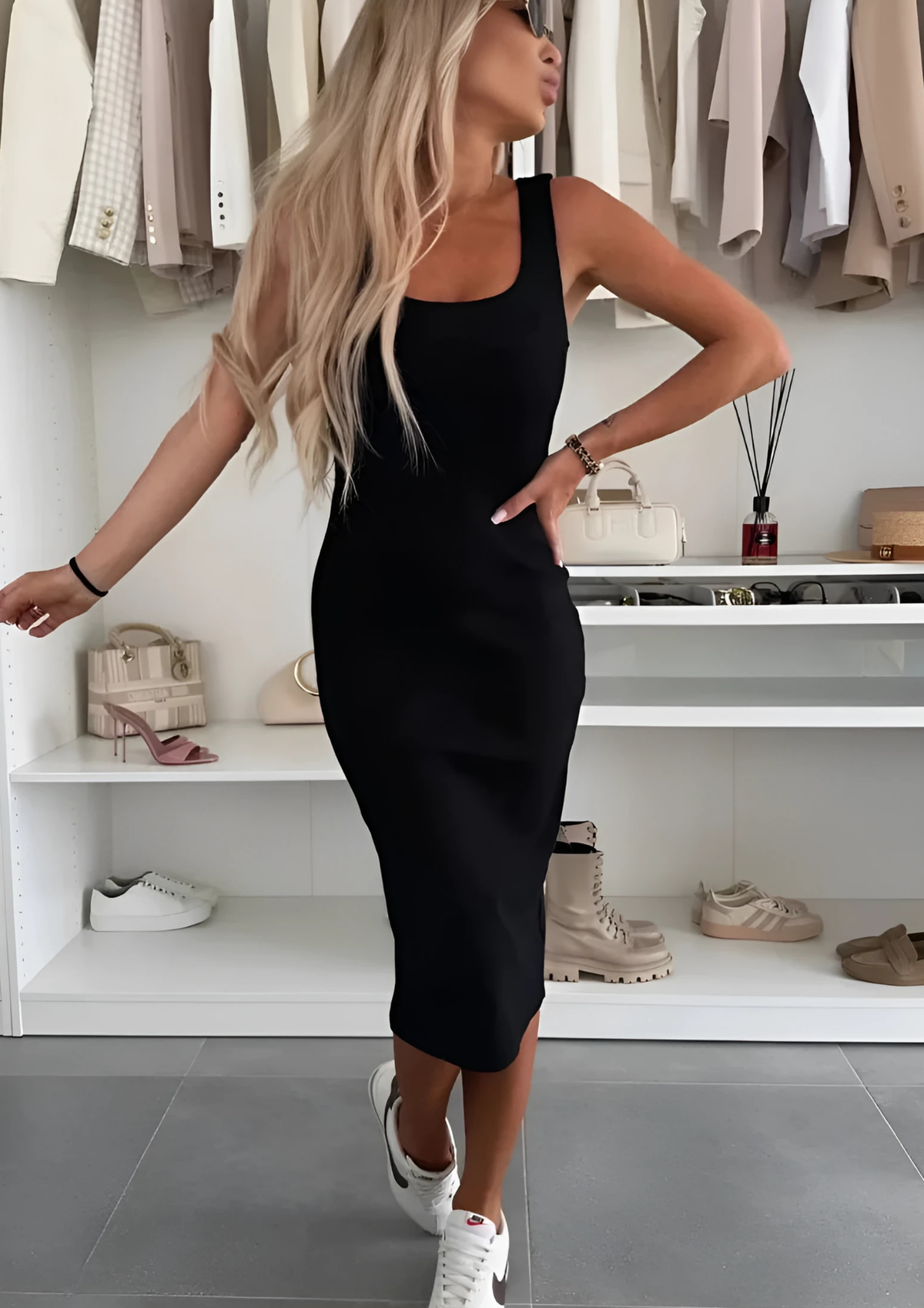 Miru Midi Kleid & Cardigan Set - Schwarz