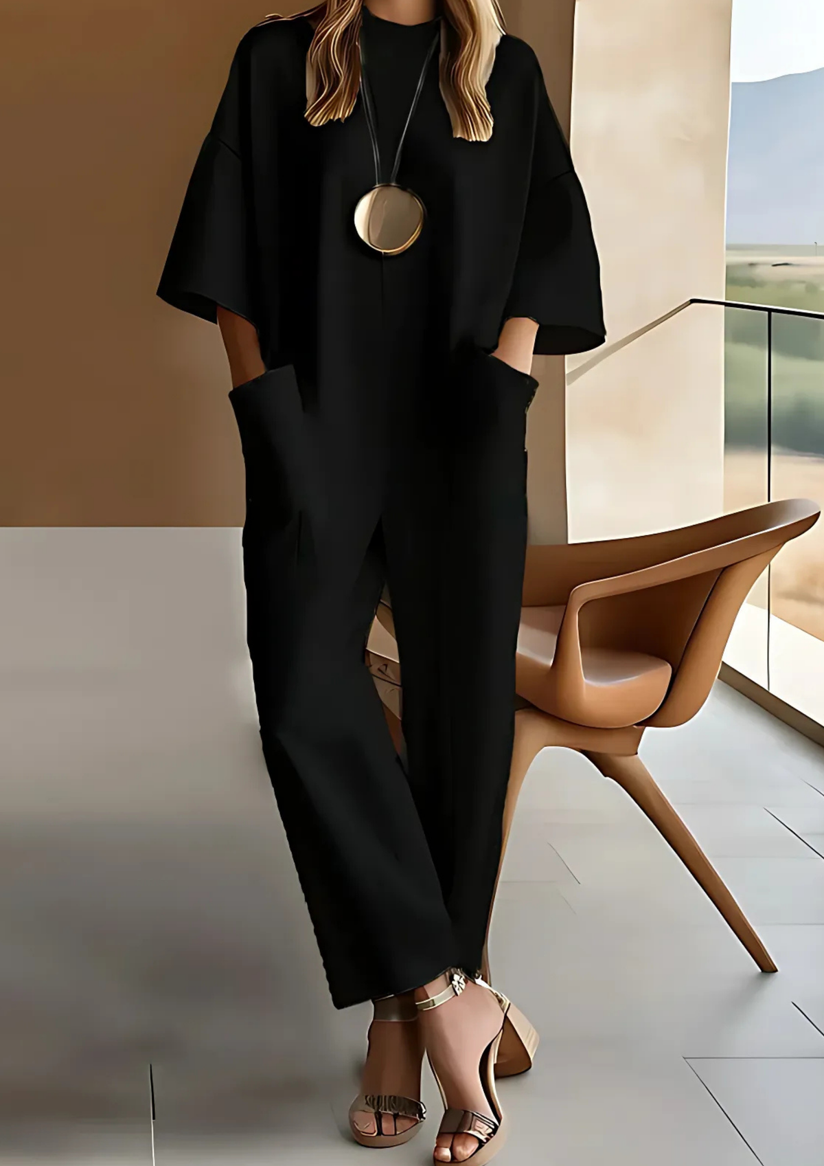 Elisse Eleganter Jumpsuit mit kurzen Ärmeln - Schwarz